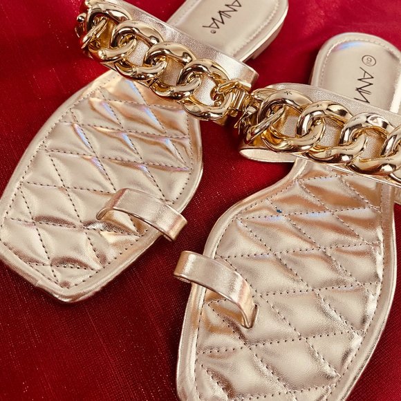 SZ 8 Gold Chain Toe Ring Sandal square toe - Picture 4 of 5